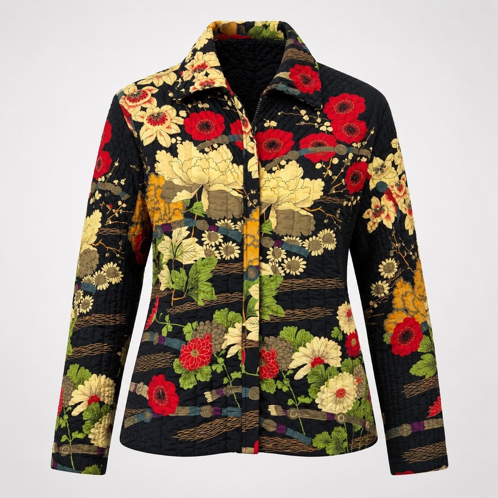 UBU Womens L Quilted Jacket Black Painterly Floral Beaded Lightweight Coat Artsy